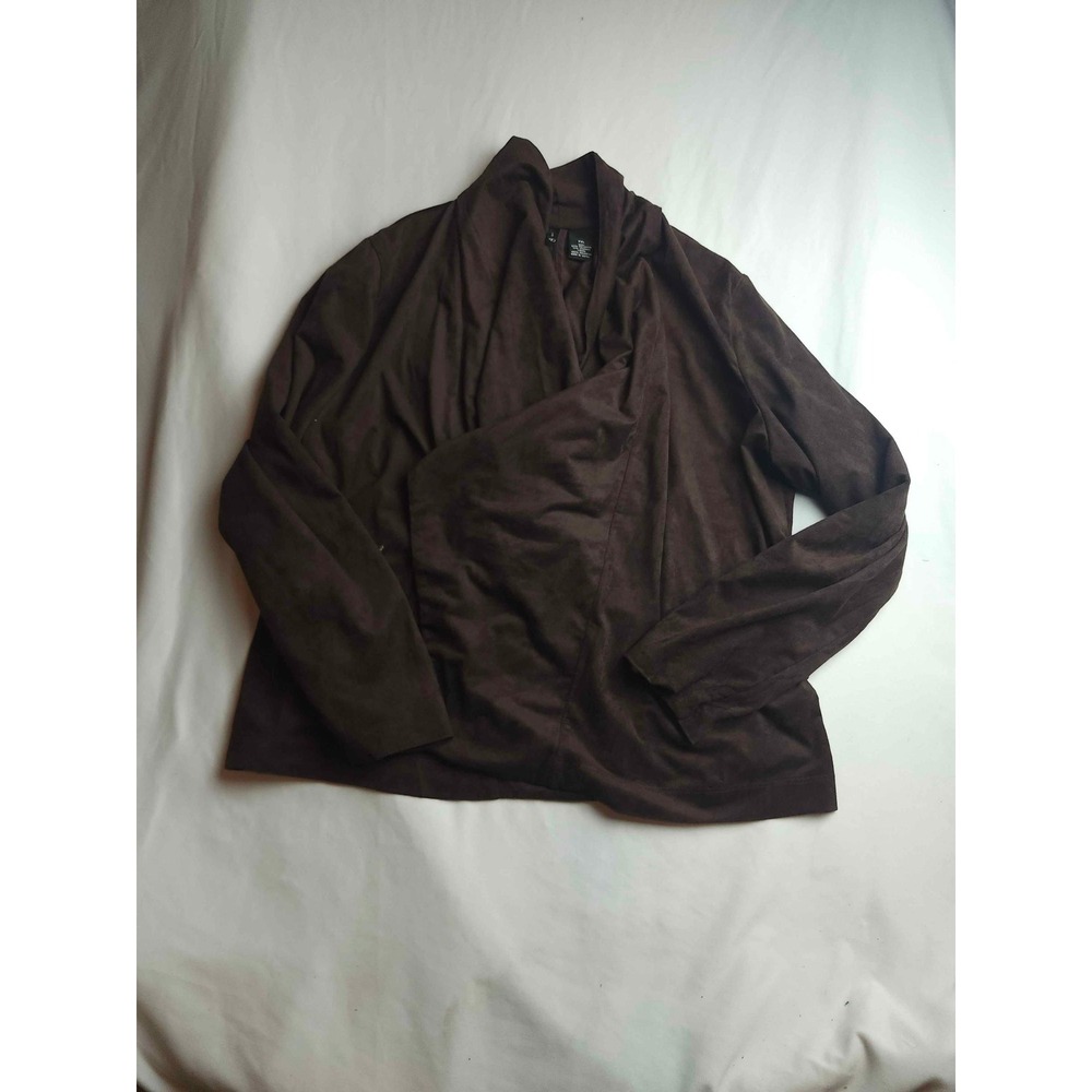 New Directions Petite Chocolate Brown Faux Suede Draped Open‎ Front Jacket PXL